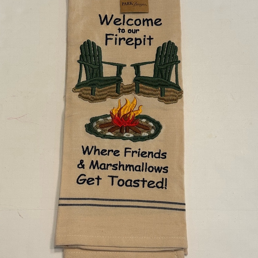 Welcome to our Firepit Humorous Tan Kitchen Towel with Green and Brown Embroider